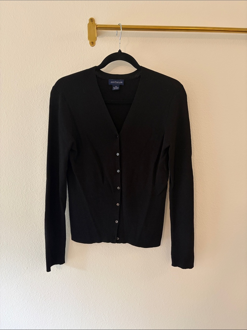 Ann Taylor Black Ribbed V-Neck Button Cardigan